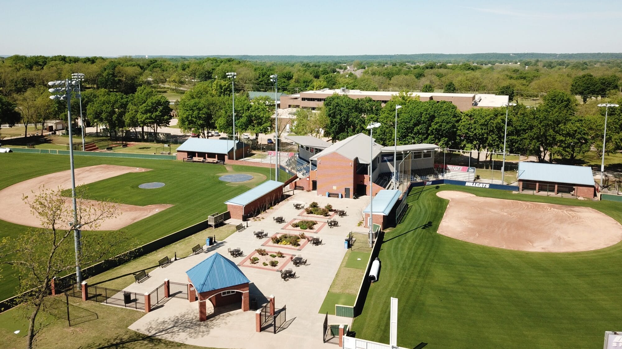 Aerial view of the RCB Bank Sports Complex, featuring the RSU softball and baseball fields.