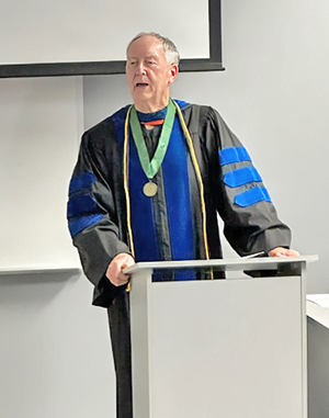 Business professor Dr. Tom Carment welcomed students to the RSU Sigma Beta Delta Honor Society at a ceremony held April 30.