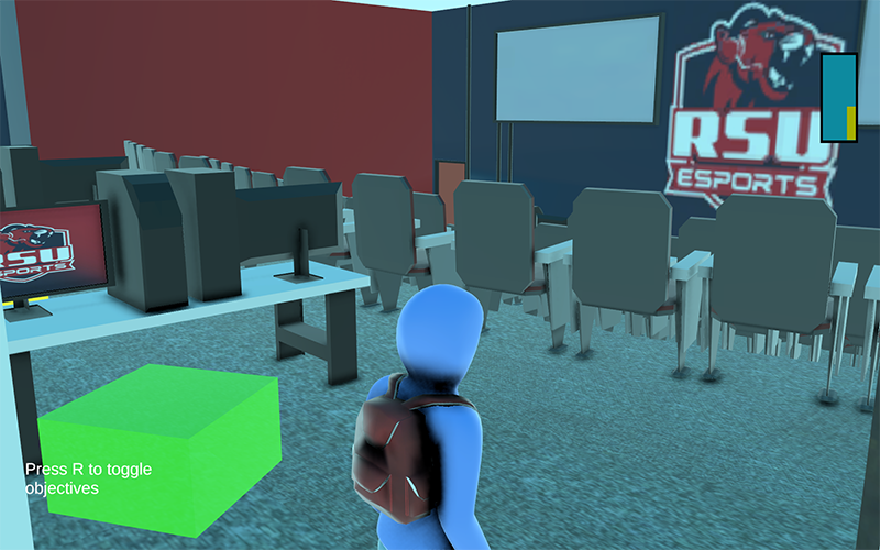 3-D rendering of person wearing backpack in esports arena