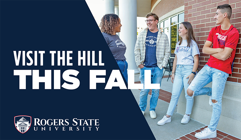 Visit the hill this fall. Students talking outside on campus.