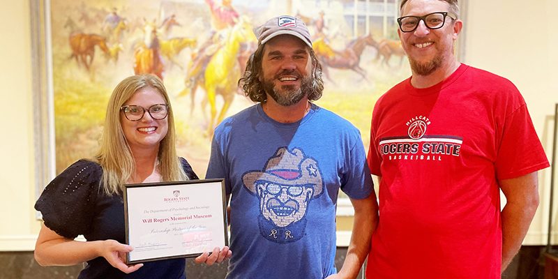 Rogers State University’s Department of Psychology and Sociology recently named the Will Rogers Memorial Museum the 2023-24 Internship Partner of the Year. Pictured: RSU Psychology and Sociology Professor Christi Mackey (from left), Museum Creative Curator and Interpreter Bart Taylor, and Psychology and Sociology Department Head Dr. Brian Andrews.