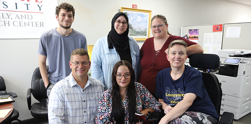 RSU Peer Mentors include Justin Rogers (front, from left), Arissa Miller, and Shannon Fair; Baron Buster (back, from left), Amina Saleh, and Mariah Nadeau.