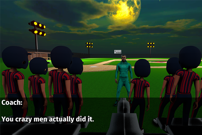 Screen capture from a game of a coach talking to a baseball team