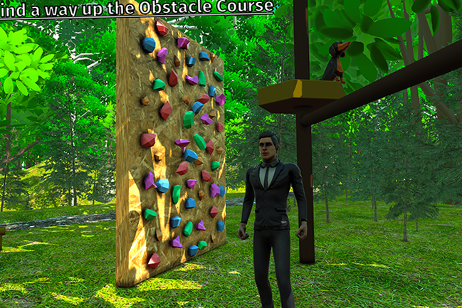 Screen capture from game of man in front of rock climbing wall