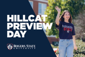 Hillcat Preview Day photo, featuring a female RSU student walking outside and waving to someone in the distance