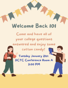 A graphic offering details of the Welcome Back 101 event Jan. 21 at 3 p.m.